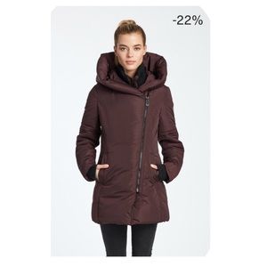 Joyce MidLength Jacket with Oversized Hood in Wine